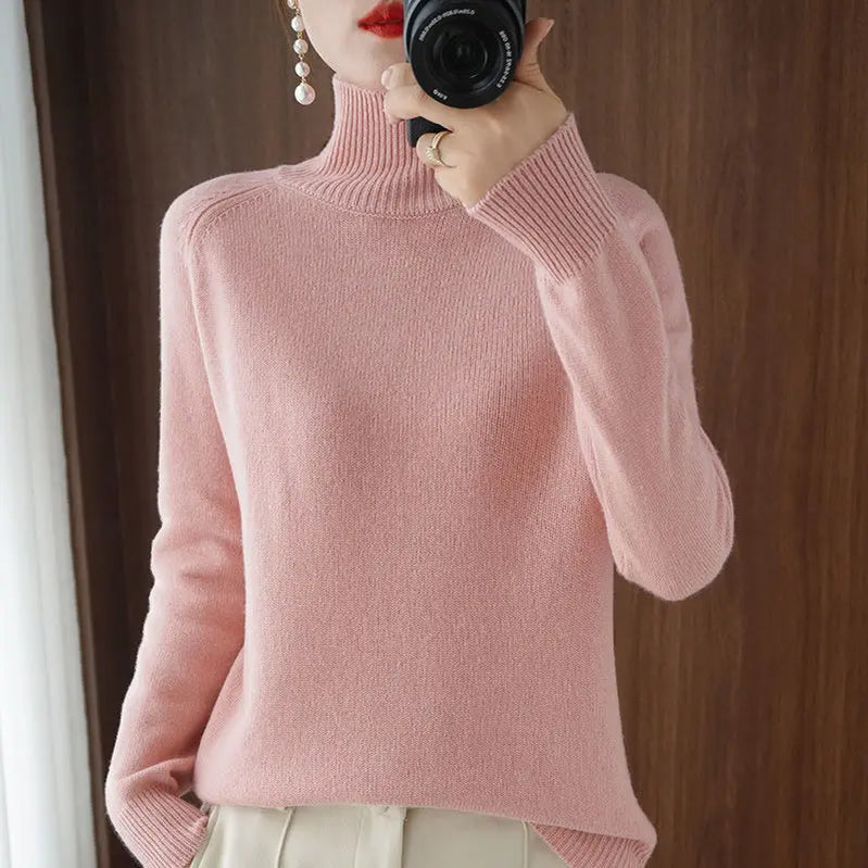 Turtleneck Pullover Fall/winter 2023 Cashmere Sweater Women Pure Color Casual Long-sleeved Loose Pullover Bottoming Women's Pink
