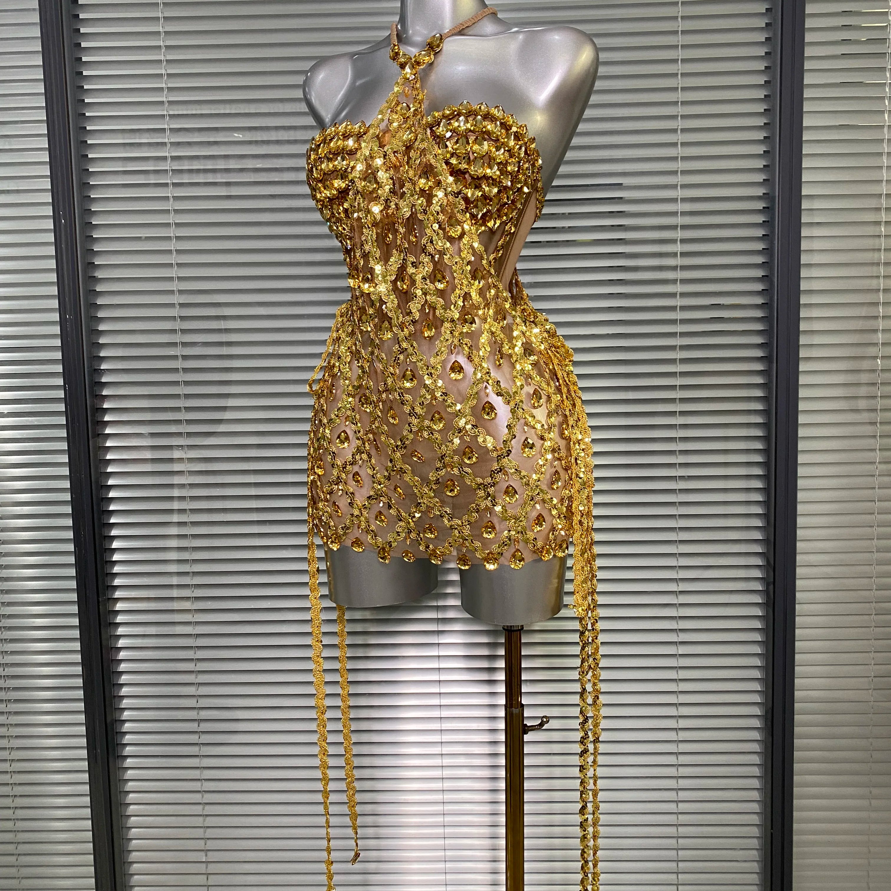 Women Sexy See Through Mesh Gold Pink Costume Stage Dancer Singer Night Club Celebrity 2 Pieces Set Mini Party Dress