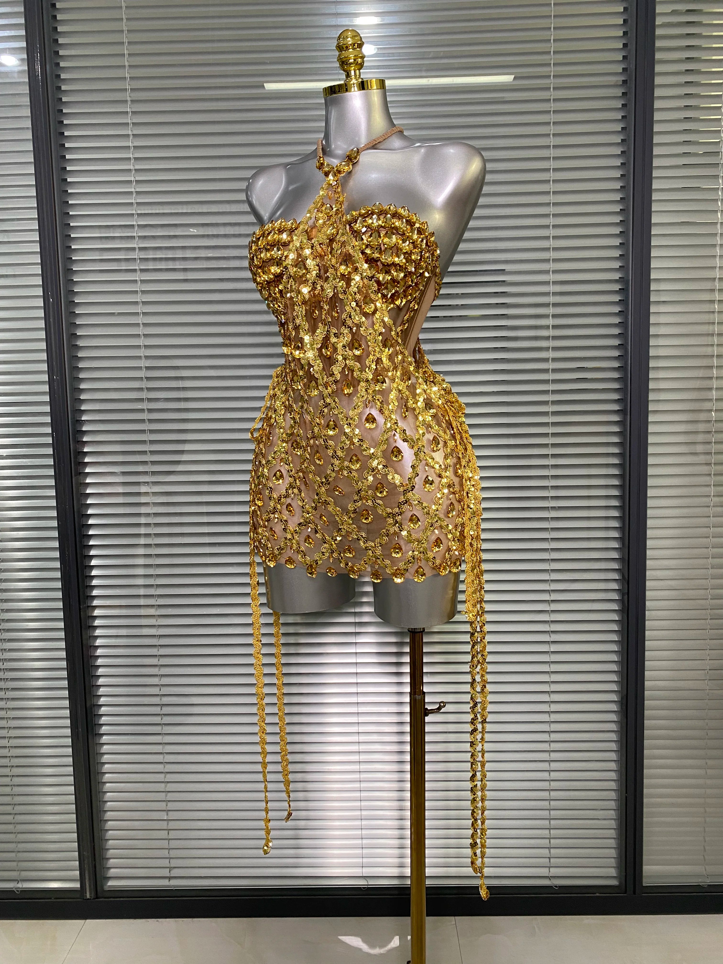 Women Sexy See Through Mesh Gold Pink Costume Stage Dancer Singer Night Club Celebrity 2 Pieces Set Mini Party Dress