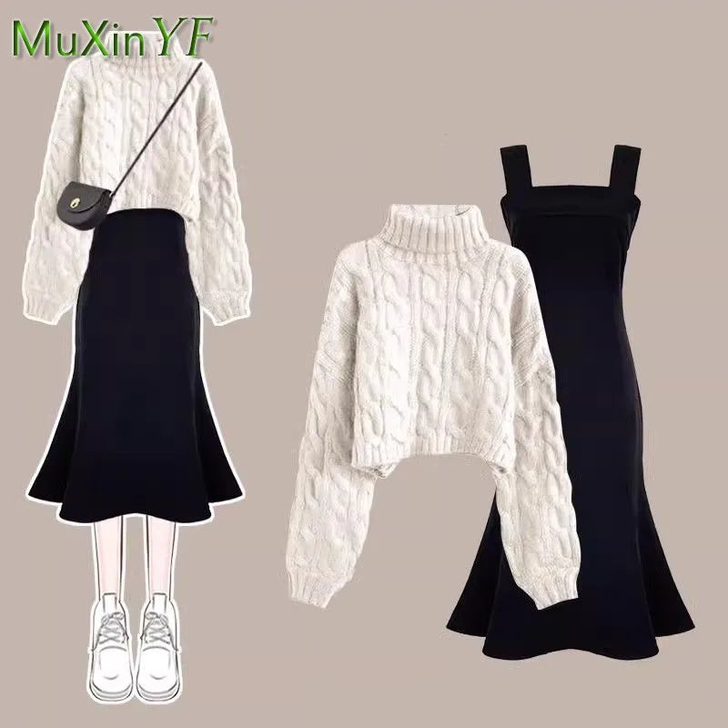 Women's Autumn Winter Loose High Neck Knitted Sweater Suspender Dress Two-piece Korean Elegant Pullover Strap Skirt Matching Set