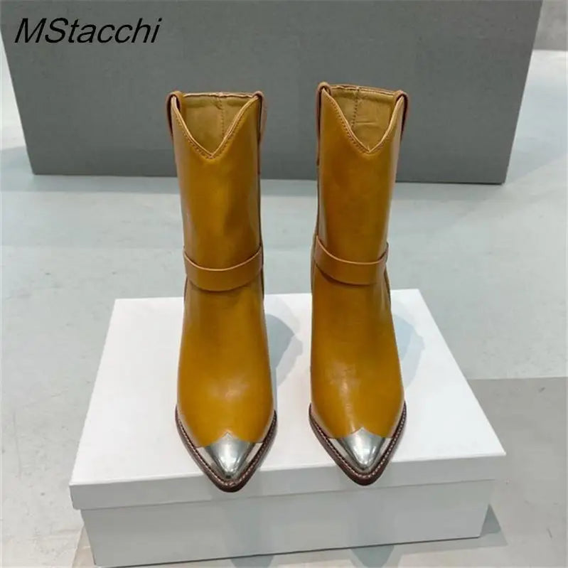 Metal Toe Women's Knight Boots Elegant Genuine Suede Leather Short Boots Ladies Strange Heel Shoes Women Slip-on Mid-calf Boots
