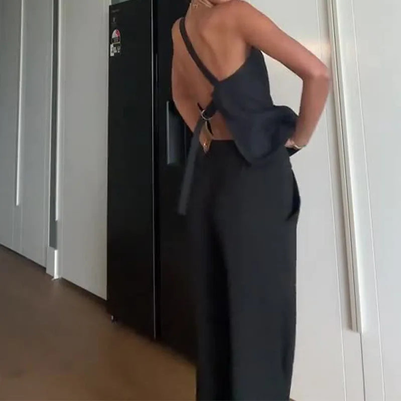 Women's 2 Pieces Set Fashion Versatile Solid Diagonal Collar Sleeveless Top Loose Wide Leg Pants Suits for Female Streetwear