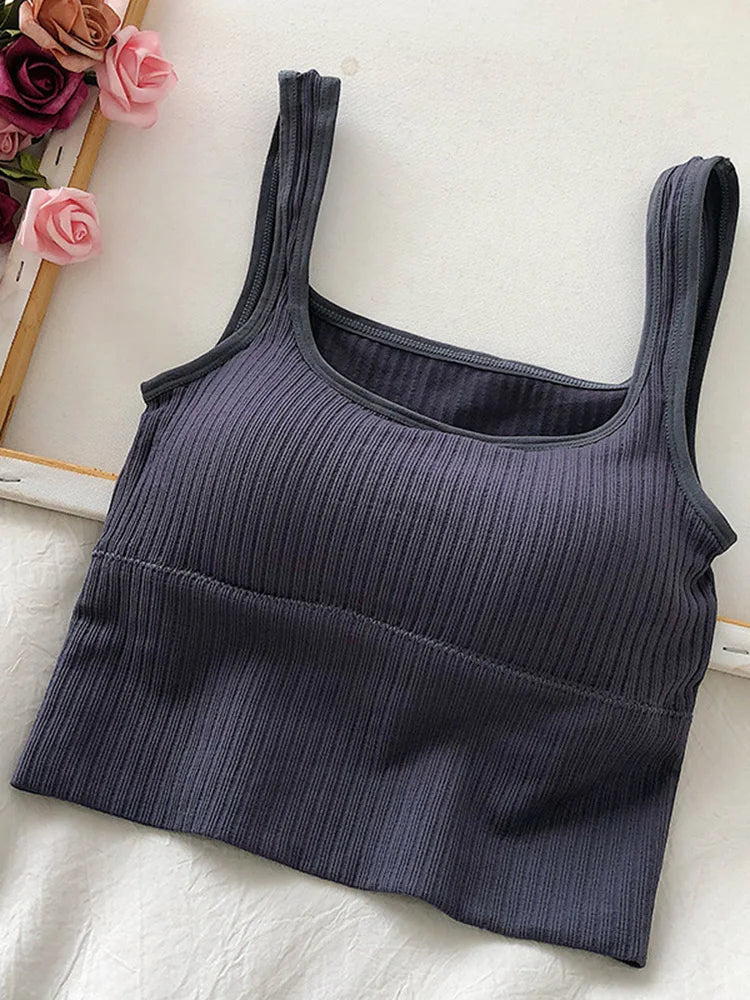 Summer Crop Top Women Seamless Square Collar Wide Straps Tank Top Knitted Striped Camisole Solid Corset Top Female Grey one size for 40-65kg