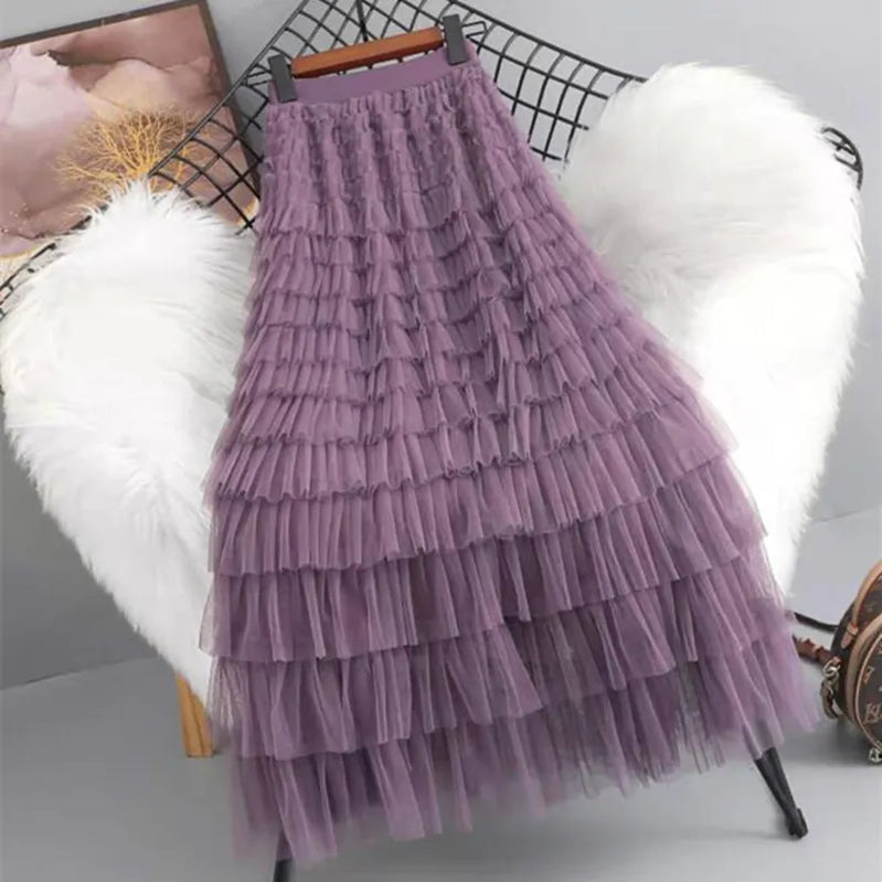 Spring Summer Women High Waist Slim Long Skirt Lolita Style Sweet Multilayered Mesh Patchwork Cake Skirt PURPLE One Size
