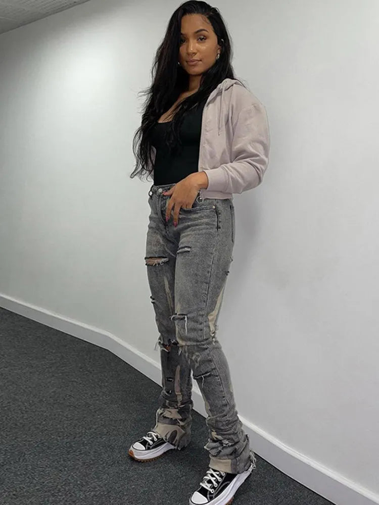 Casual Ripped Hole Jeans Women Fashion Gray Print High Waist Denim Skinny Trousers Streetwear Bottoms Y2K Stacked Pants