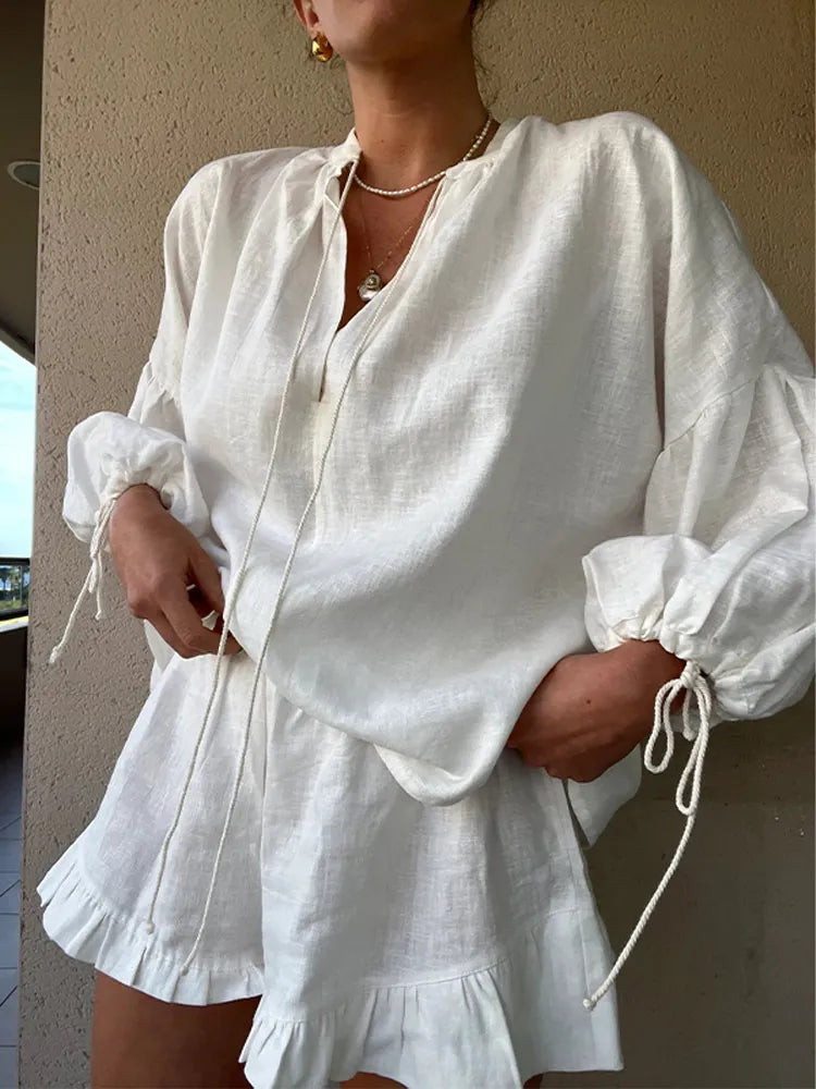 fashion summer cotton linen loose ruffle shorts suits women long sleeve drawstring pullover 2 pieces set casual beach suits