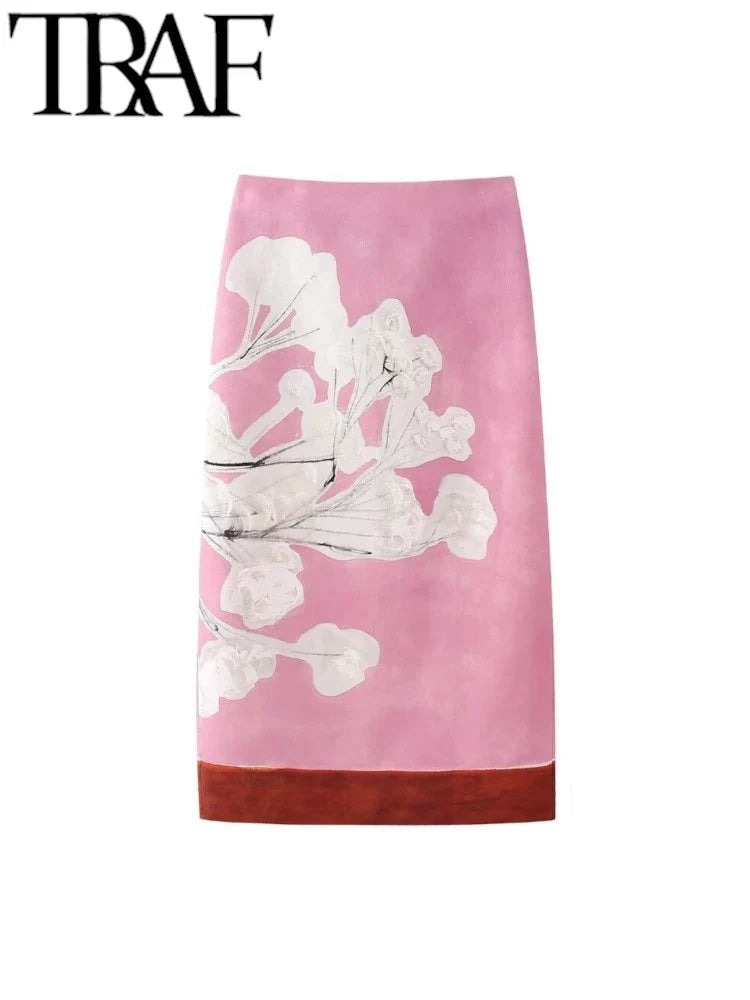 TRAF GAL Summer Spliced Pink Pinted Women Midi Long Skirts Zipper High Waisted Female Split Behind Pencil Skirt Y2K Bottoms