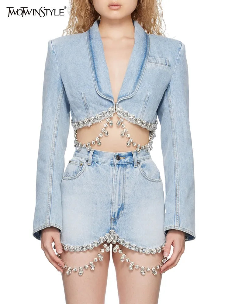 Spliced Diamonds Tassel Denim Two Piece Set For Women Lapel Long Sleeve Coat High Waist Mini Skirt Fashion Set