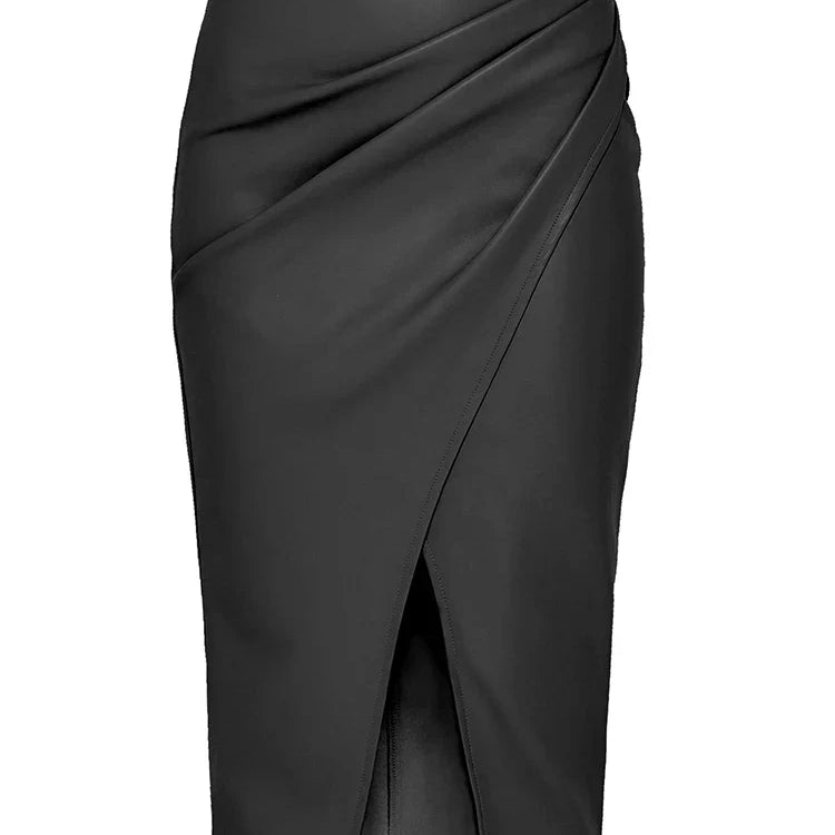 Women Leather Skirt Midi High Waist Elegant Autumn Zipper PU Front Slit Skirts Ladies Black Faux Leather Folded Skirt For Women Black