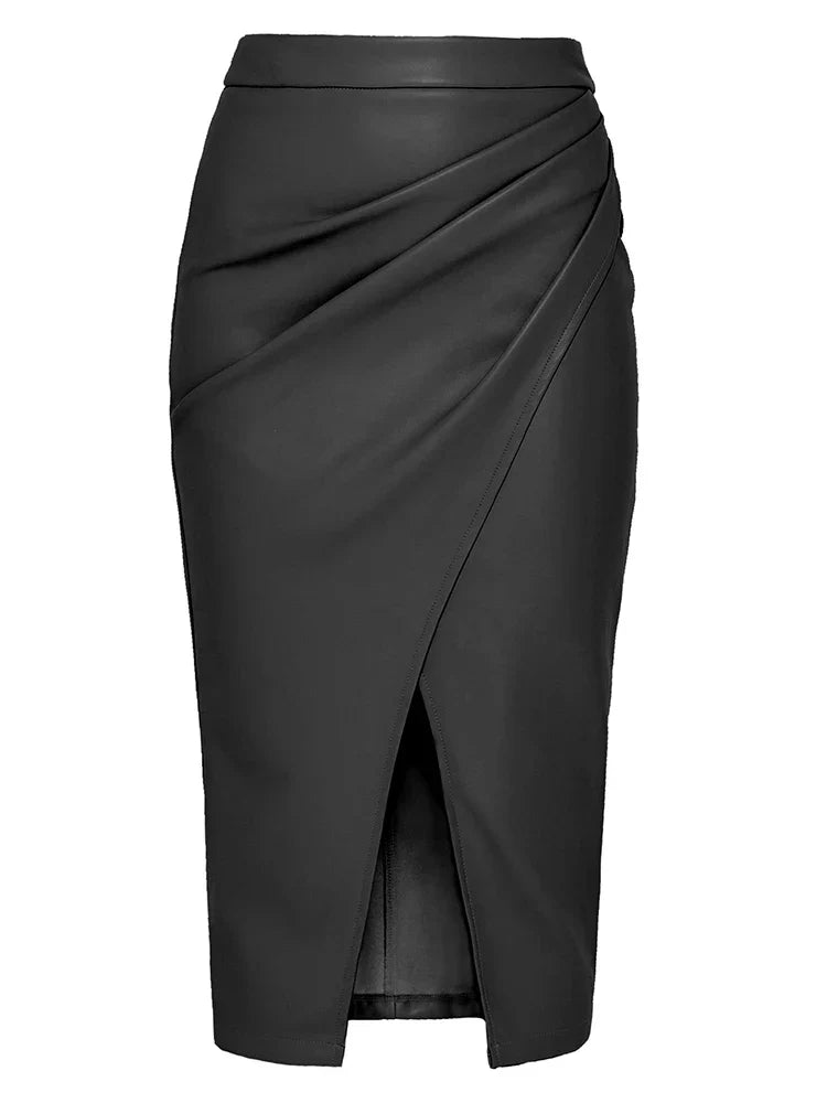 Women Leather Skirt Midi High Waist Elegant Autumn Zipper PU Front Slit Skirts Ladies Black Faux Leather Folded Skirt For Women Black