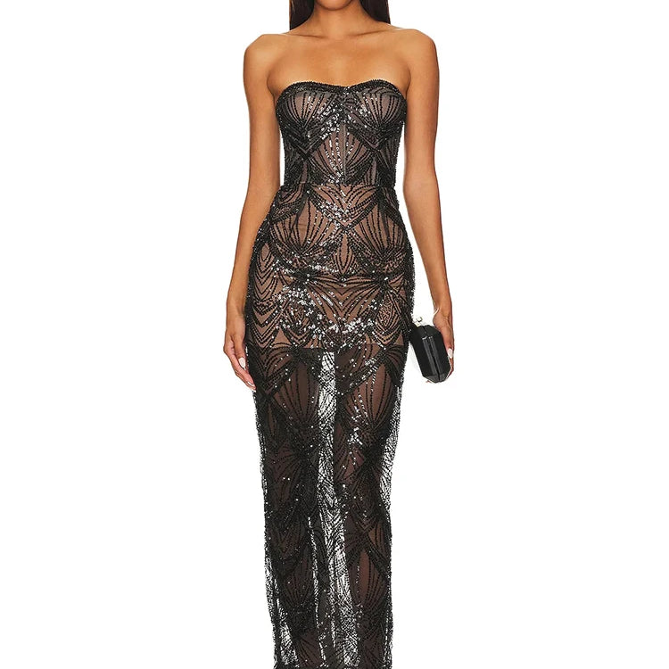 VC Luxury Sequins Beaded Party Dress Sexy Strapless Glitter Patchwork Mesh Sleeveless Evening Party Club Dress Vestido