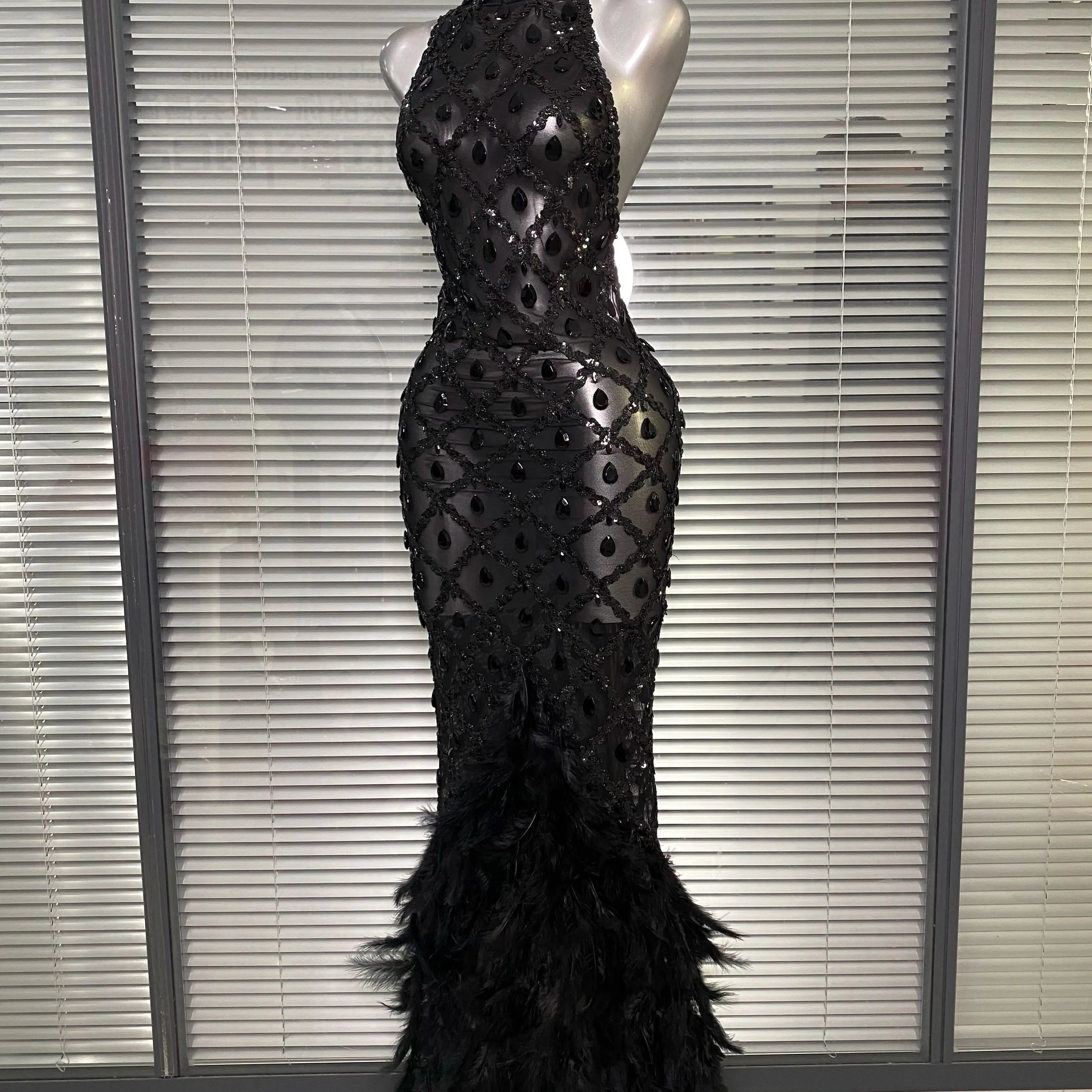 New Women Sexy Black Red Crystal Diamonds Maxi Dress Birthday Party Costume Elegant Singer Stage Performance Dress