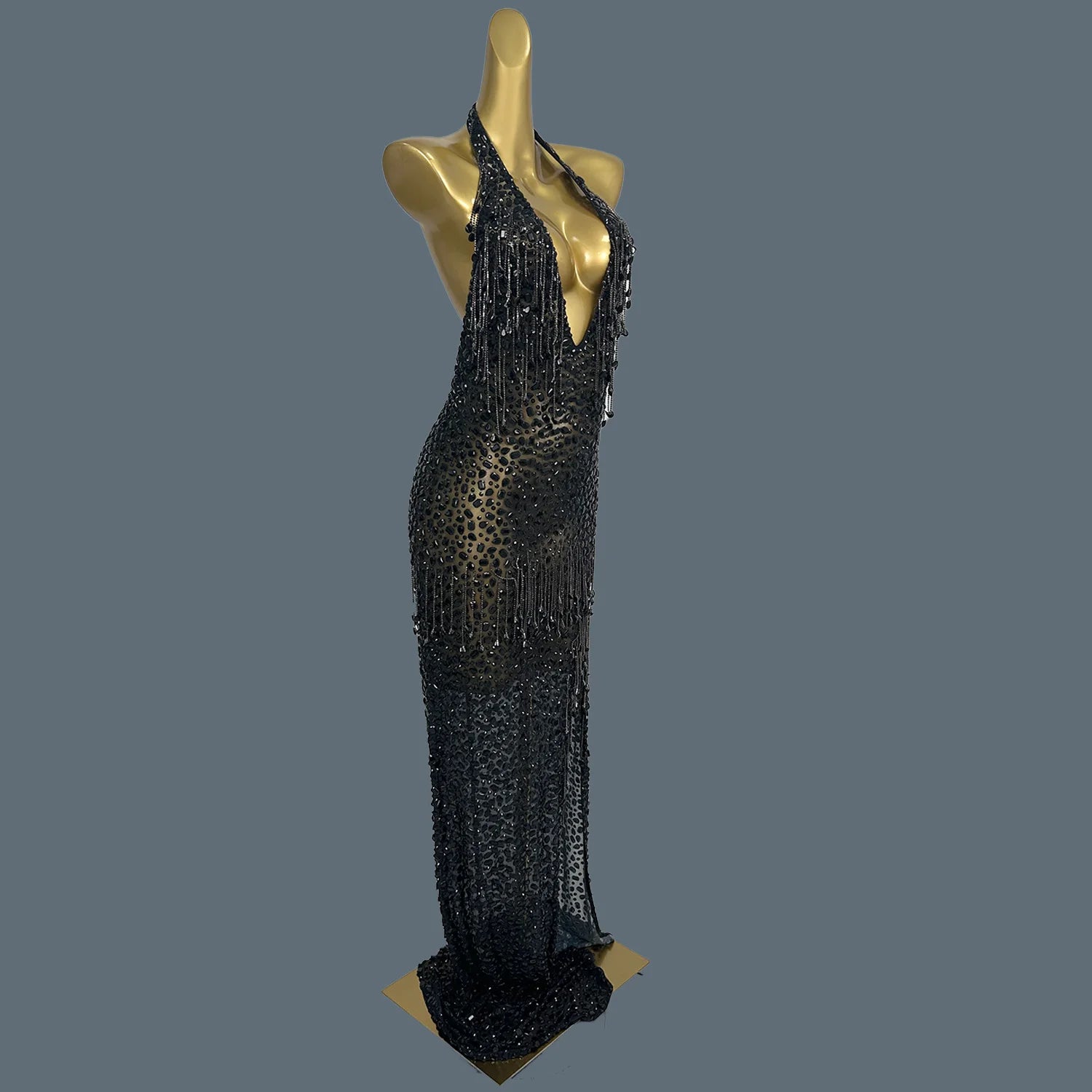 Black Tassel Sparkly Crystals Deep V Neck Evening Gown Low-cut Long Dress Birthday Celebrate Party Photo Shoot Wear Wulongweibo