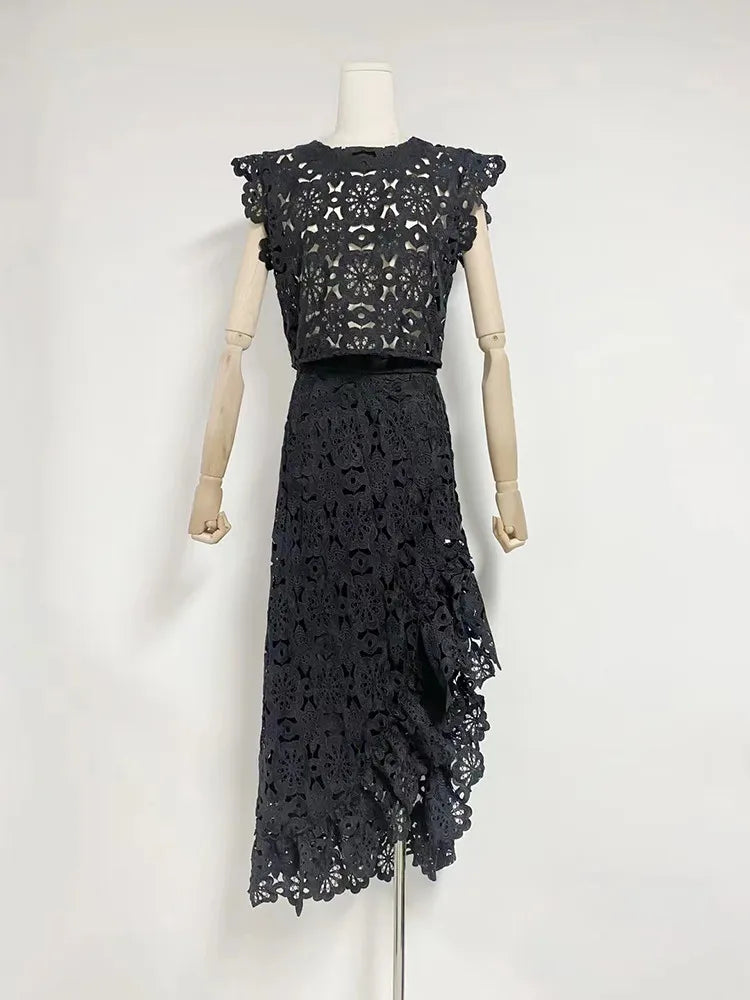 Hollow Out Embroidery Two Piece Set For Women Round Neck Sleeveless Top High Waist Split Skirts Elegant Sets Female