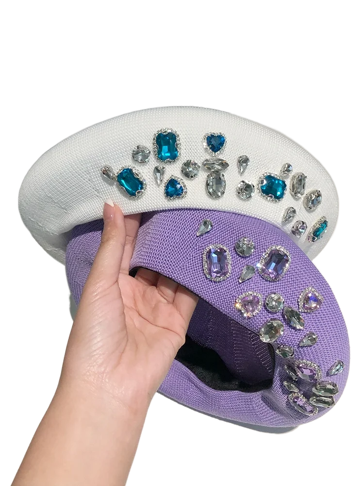 Berets Women Hat Brimless Stretchy Comfortable Rhinestone Y2K Cap Autumn Female Flat Color Cotton