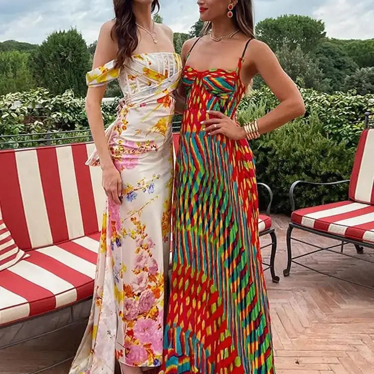 Print Contrasting Sling Maxi Dresses For Women Beach Colorful Sleeveless Backless Loose Dress Lady Summer Vacation Vestidos
