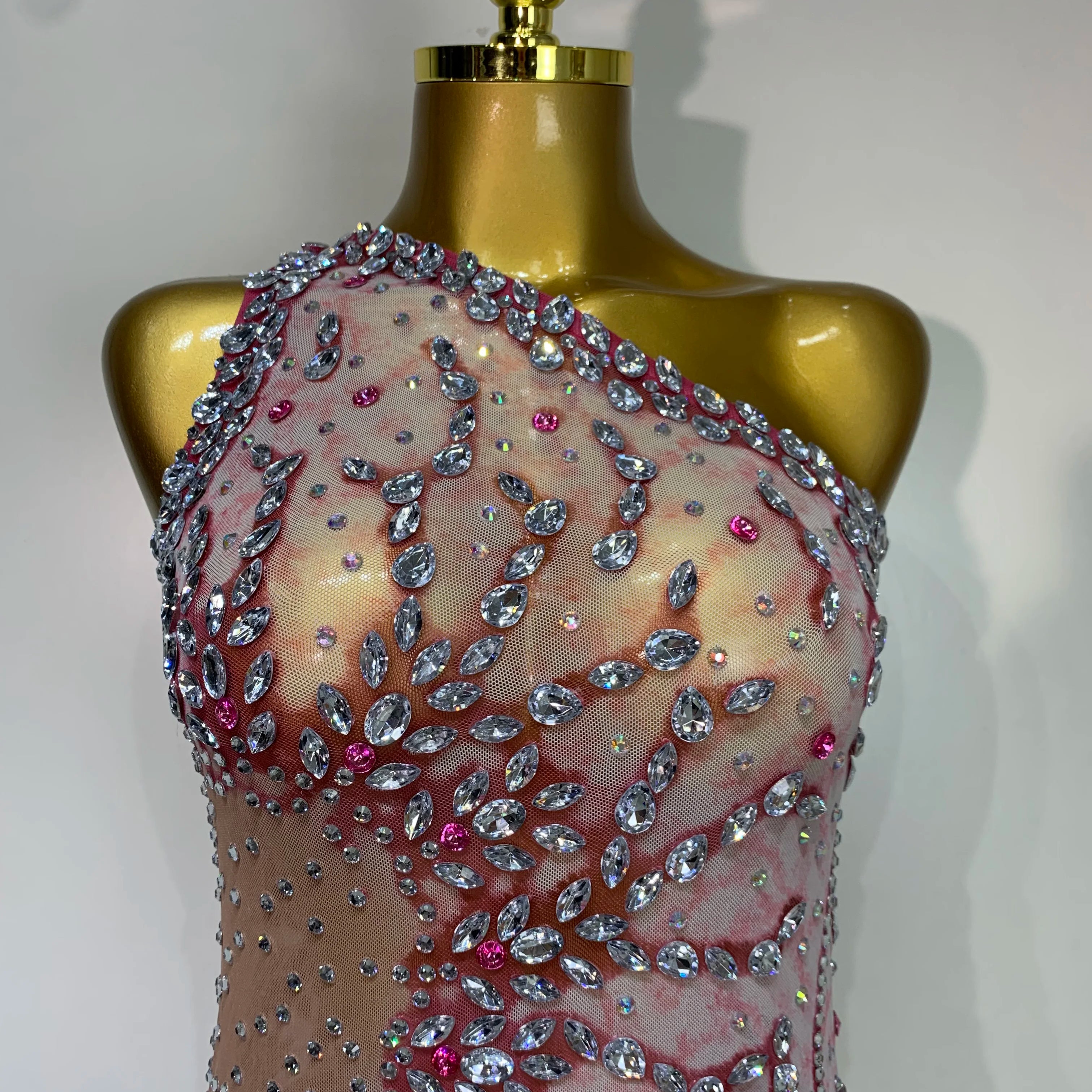 Women Sexy Mesh See Through Rhinestone Mini Dress Stage Dancer One Shoulder Stretch Night Club Party Birthday Dress Stage Outfit