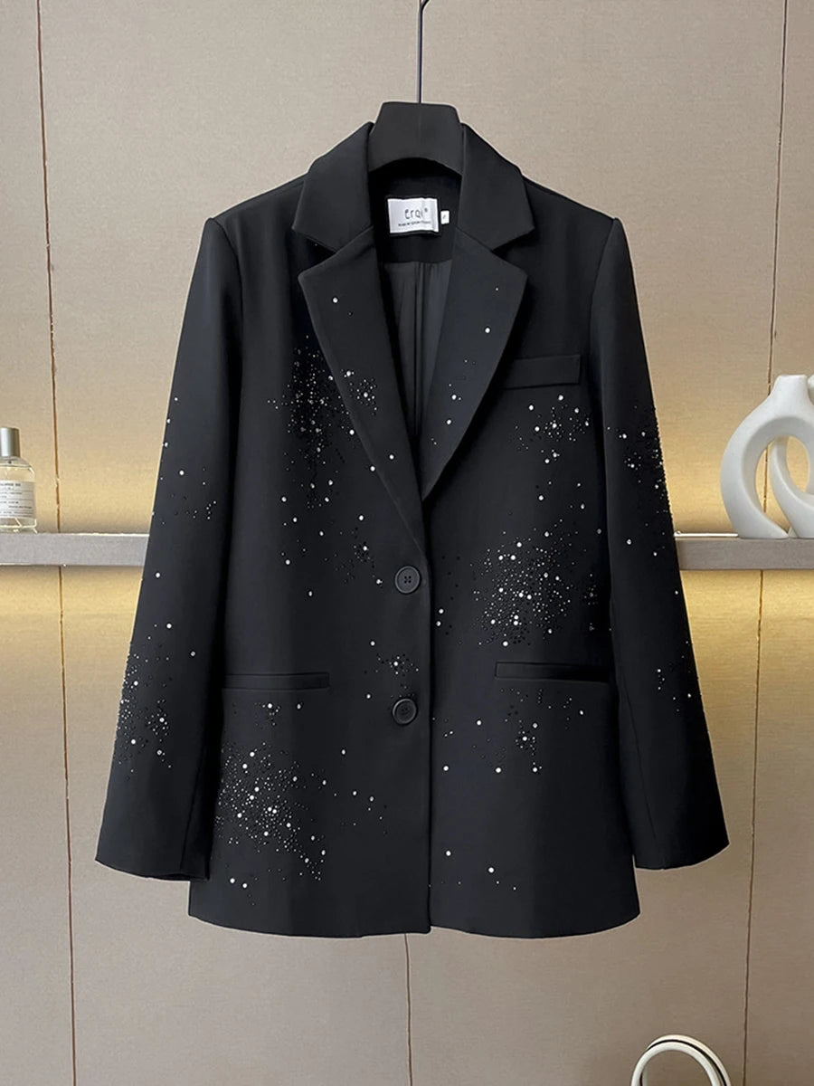 TWOTWINSTYLE Solid Loose Spliced Bead Fashion Blazers for Women Lapel Long Sleeves Patchwork Single Breasted Blazer Female New