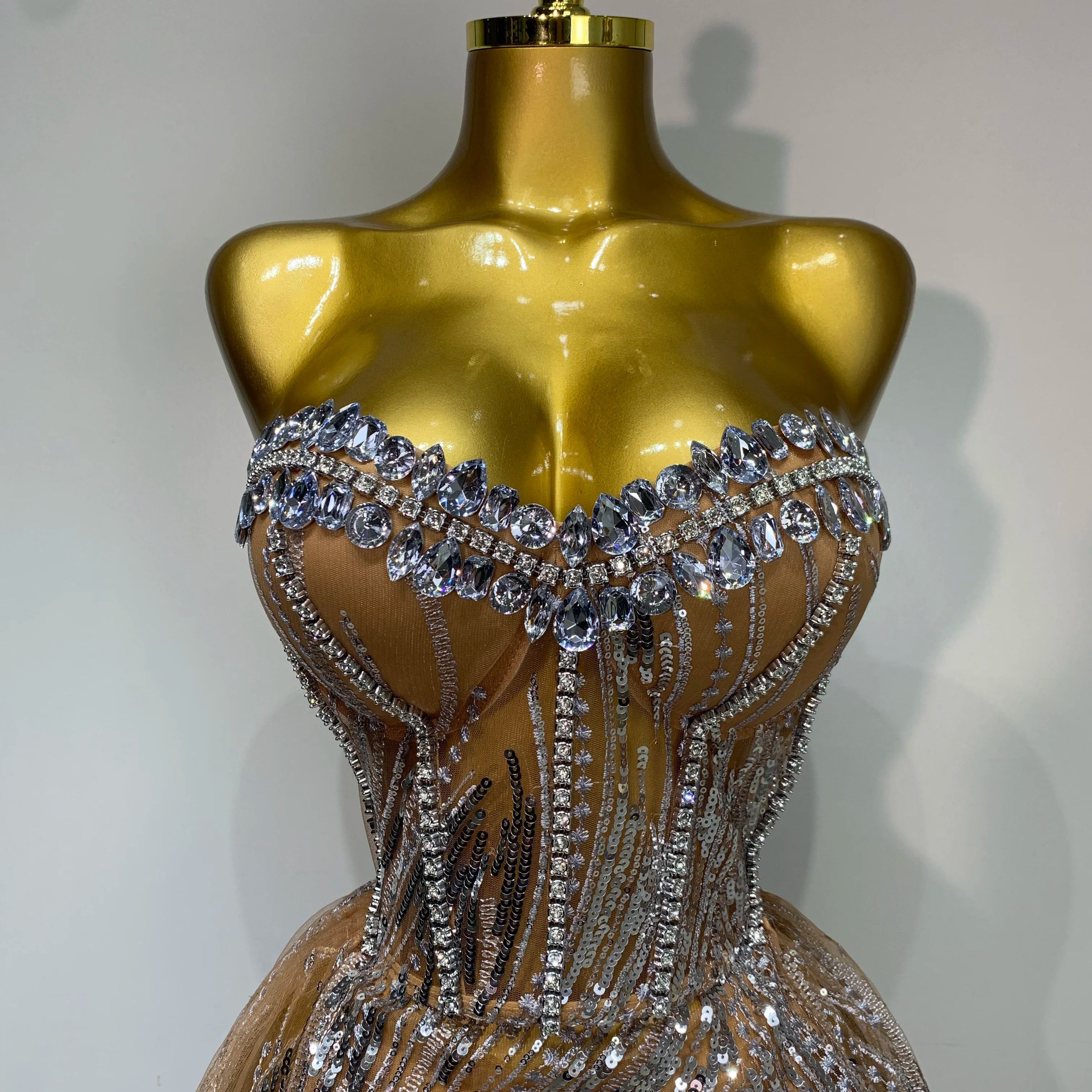 Women Sexy Strapless Mesh See Through Crystal Maxi Dress Evening Party Singer Stage Performance Costume Luxury Birthday Dress