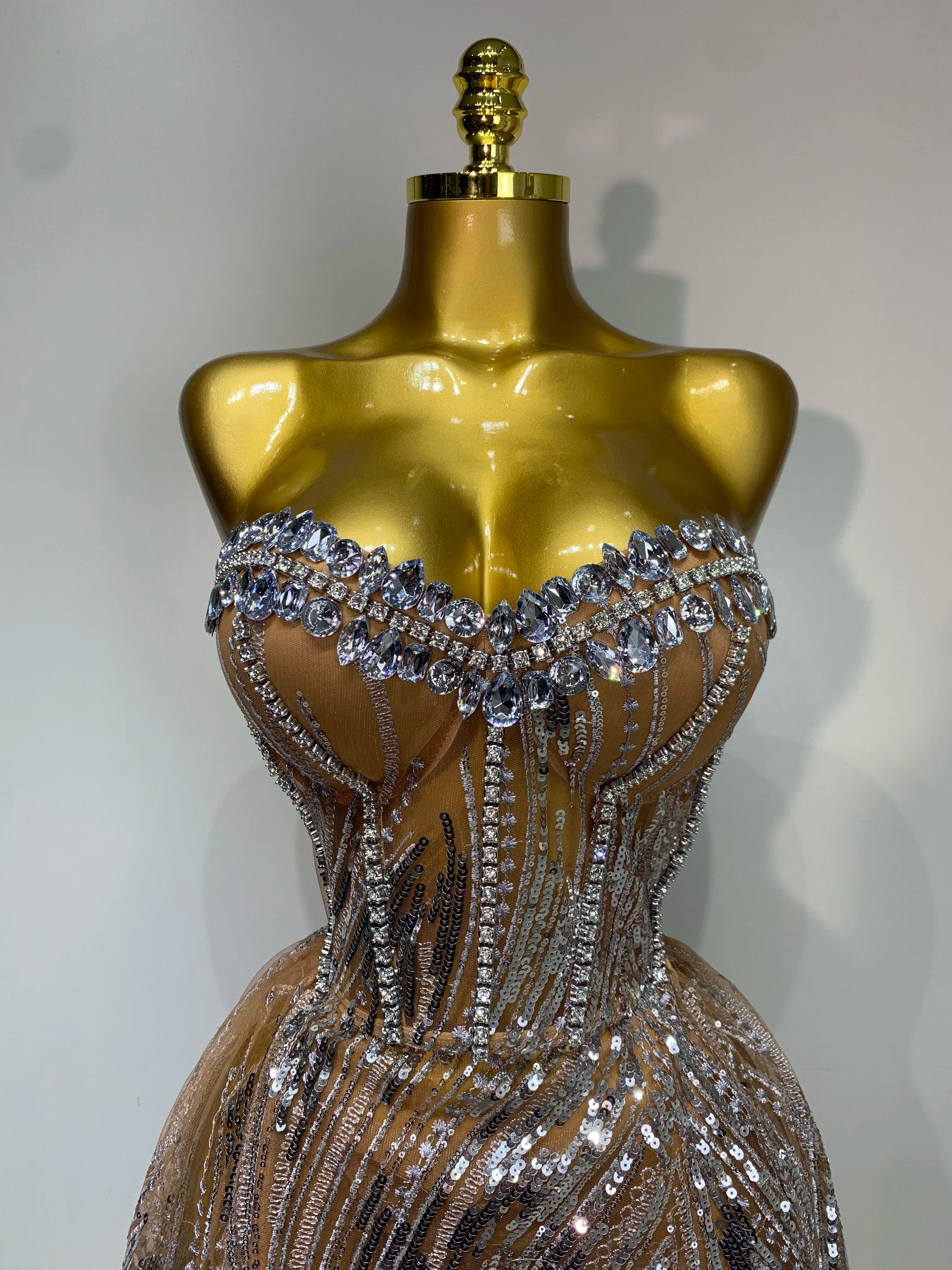 Women Sexy Strapless Mesh See Through Crystal Maxi Dress Evening Party Singer Stage Performance Costume Luxury Birthday Dress