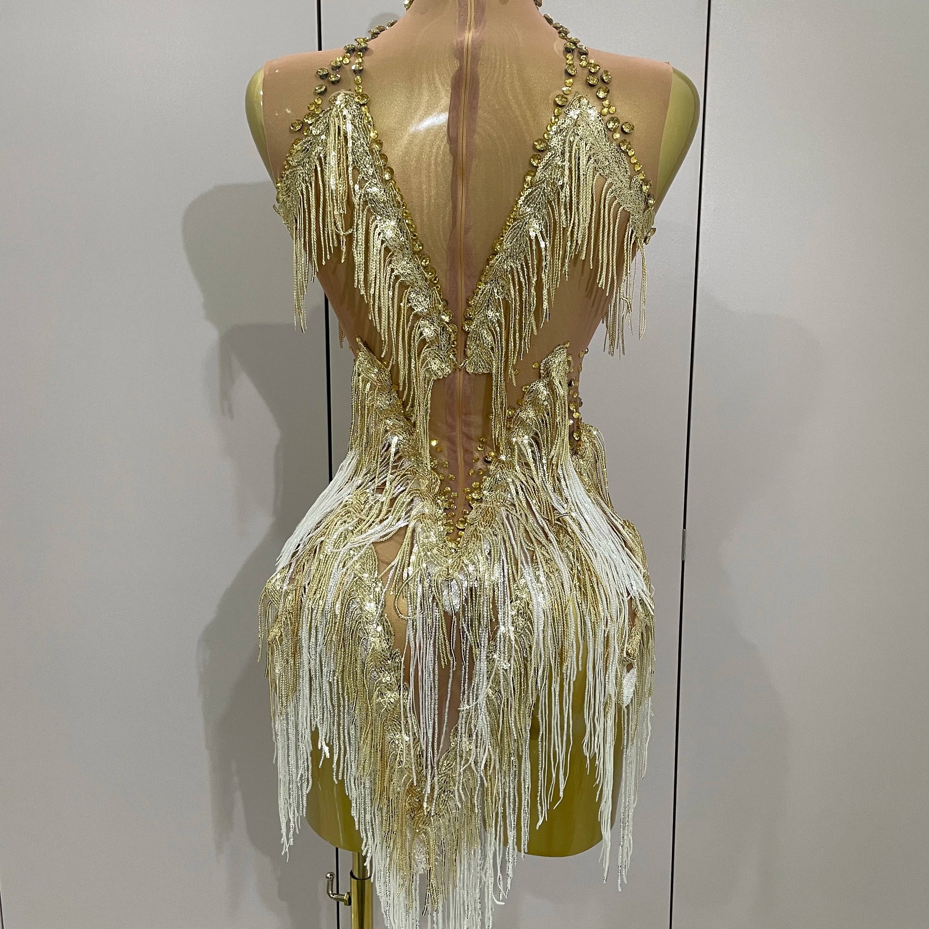 Stock 2025 Women Sexy Stretch Mesh Sparkly Rhinestone Tassels Mini Dress Nightclub Singer Dance Stage Costume Evening Gowns