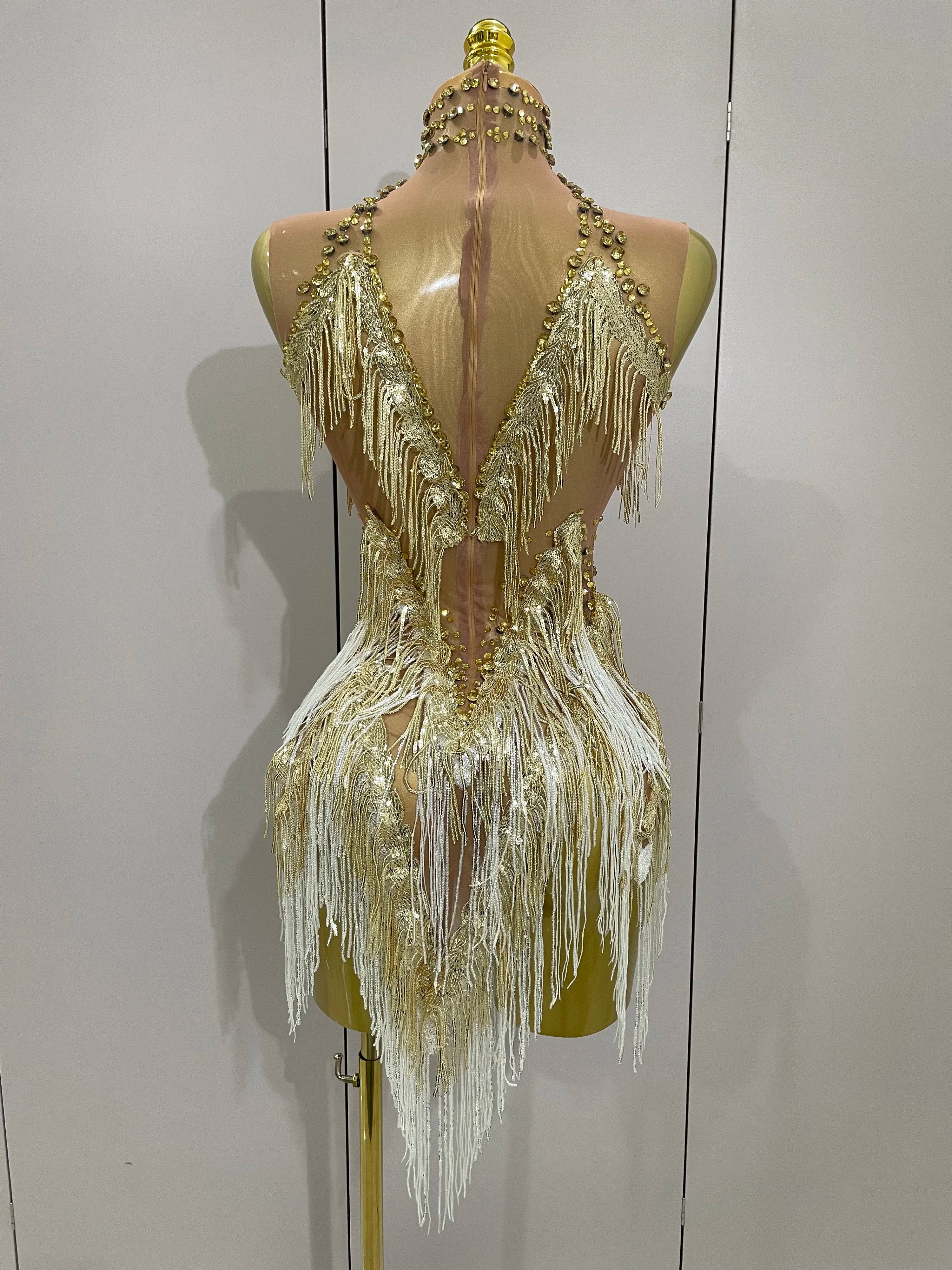 Stock 2025 Women Sexy Stretch Mesh Sparkly Rhinestone Tassels Mini Dress Nightclub Singer Dance Stage Costume Evening Gowns