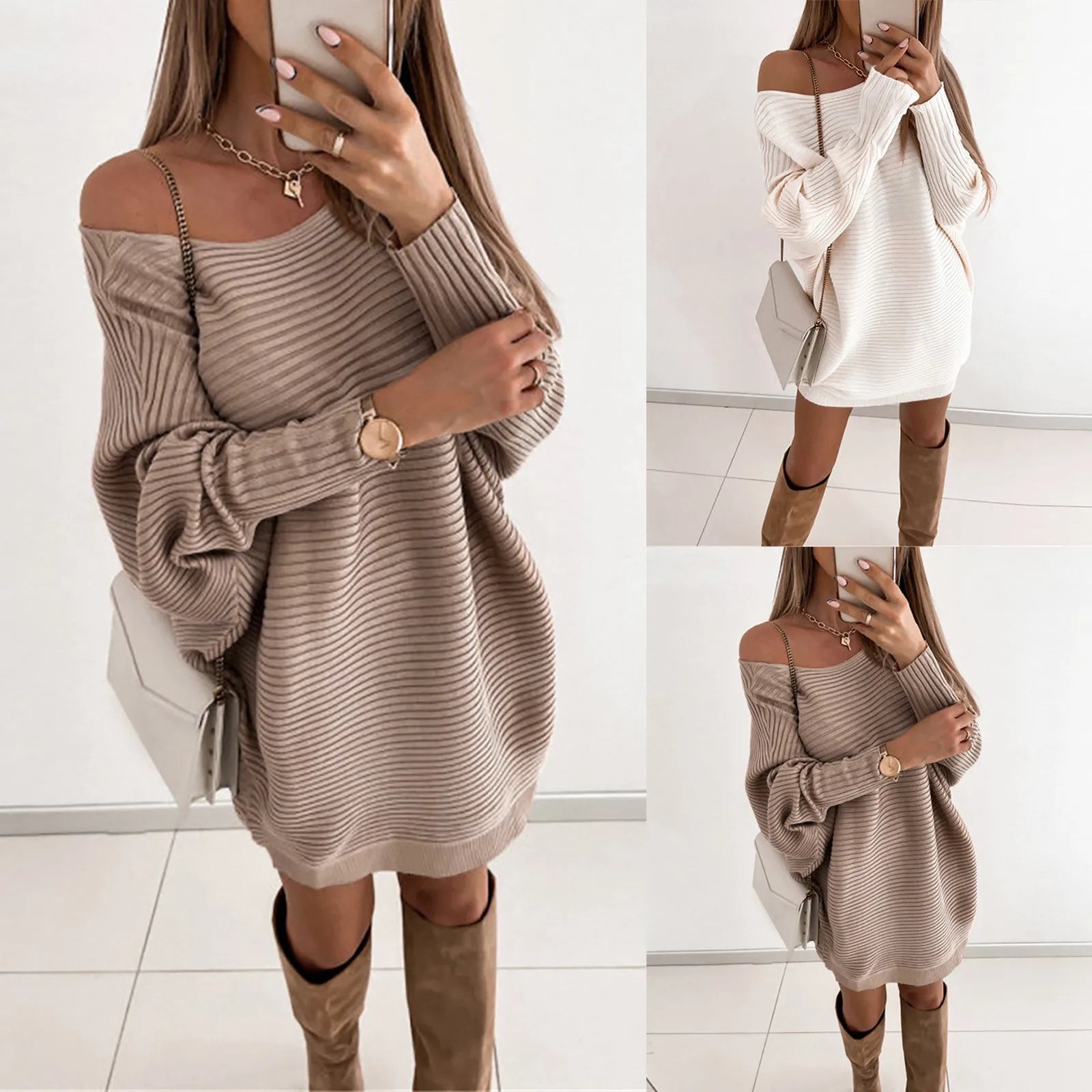 Spring And Autumn Women's Dress Loose Crewneck Off Shoulder Pullover Dress Fashion Solid Colour Commuter Knitted Sweater Dress