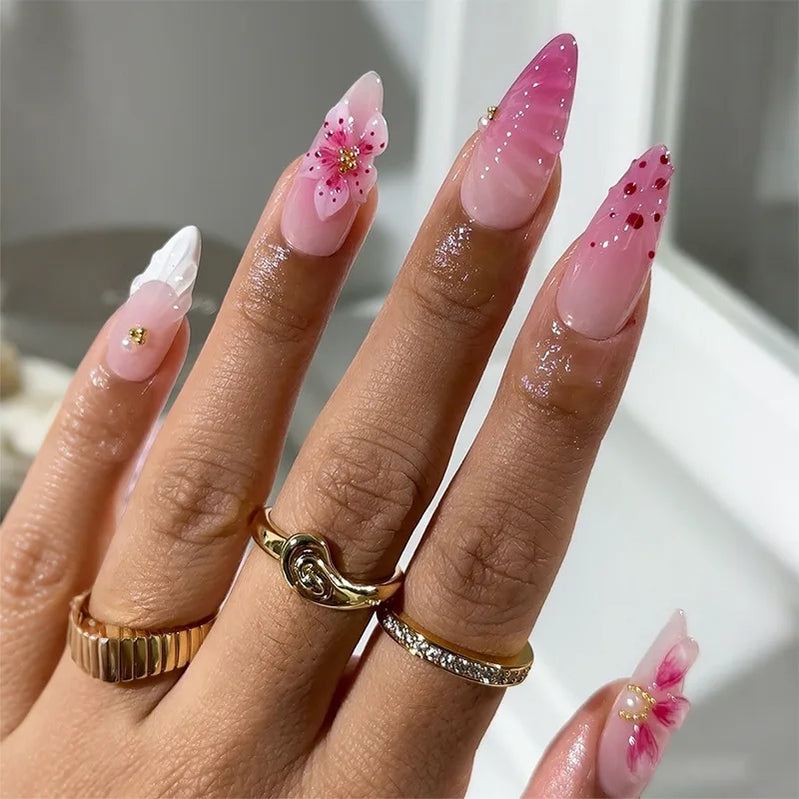 24pcs Gradient Pink Press on Nails Art Flower Rhinestone Design Long Almond Fake Nails Tips Detachable French False Nail Tips