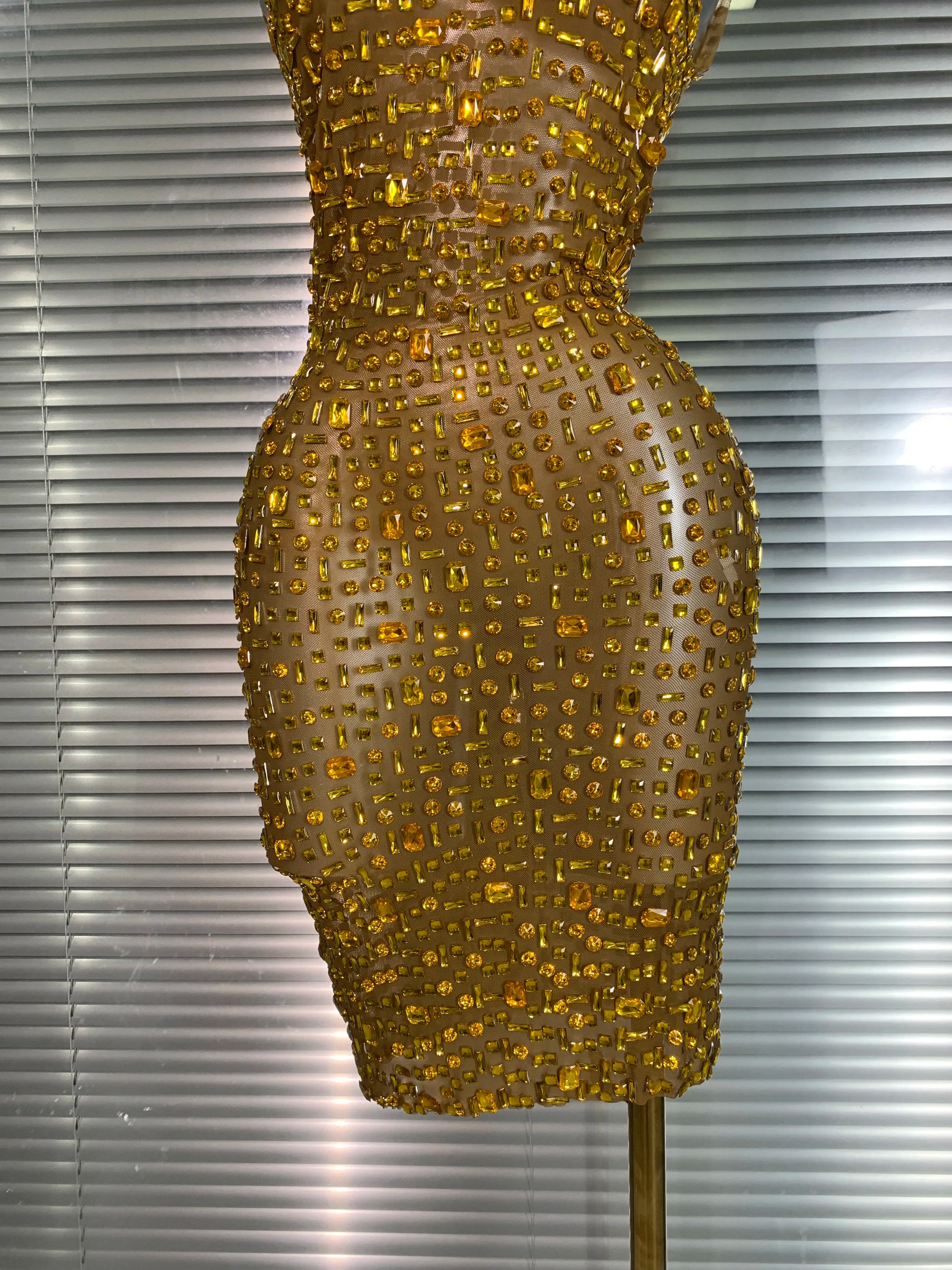 Women Sexy Mesh Crystal Diamonds Mini Performance Costume Stage Dancer See Through Stretchy Gold Night Club Party Dress