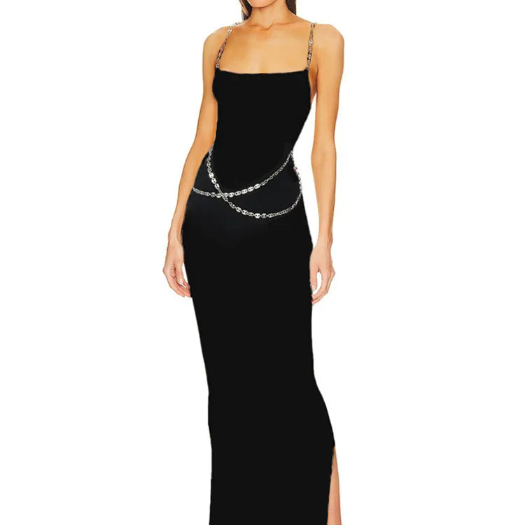 Women Summer Luxury Sexy Sleeveless Backless Chain Black White Maxi Long Gowns Celebrity Elegant Evening Party Club Dress