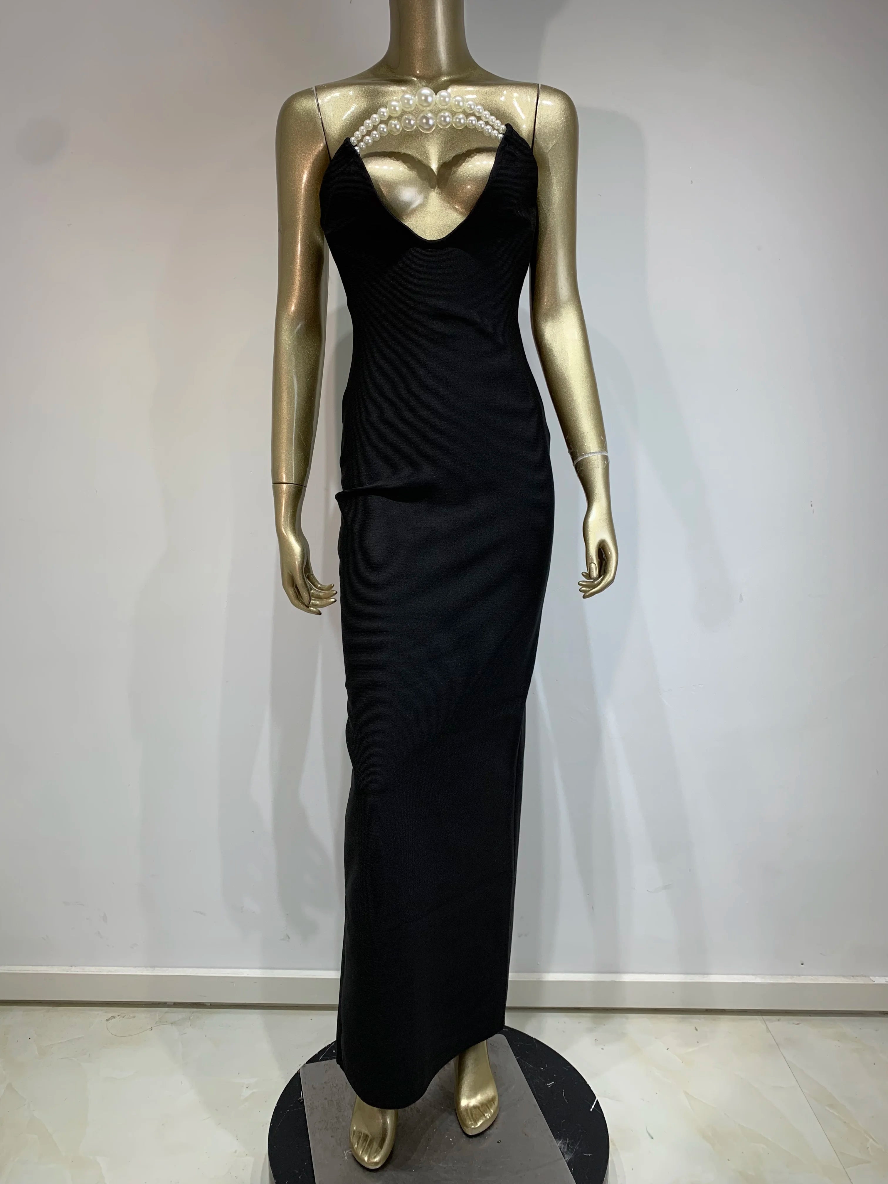 Women Celebrity Sexy Strapless Backless Pearl Black Maxi Long Bodycon Bandage Dress 2025 Elegant Evening Club Party Outfit