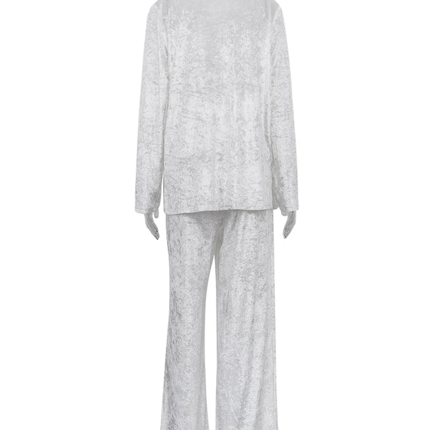 Clacive Winter Loose Home Suits Fashion White Velvet Pants Set Elegant Lapel Long Sleeve Blouses Two Piece Sets Womens Outifits