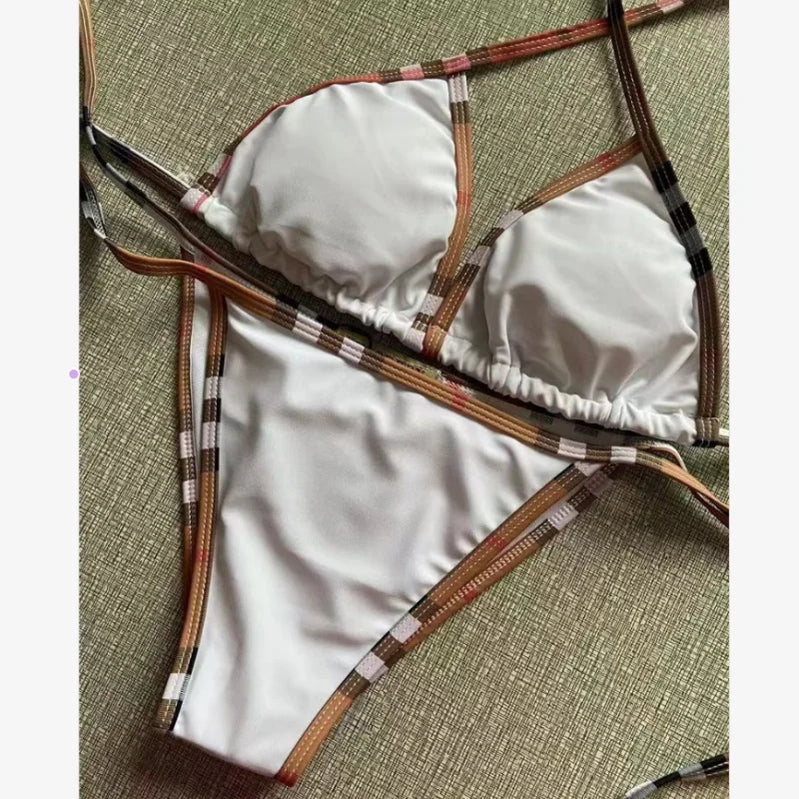 Women's Sexy Solid Color Bikini Adjustable Lace-Up Swimsuit Summer Brazilian Beach Swimsuit Triangle Halterneck Bikini Set 3Photo color