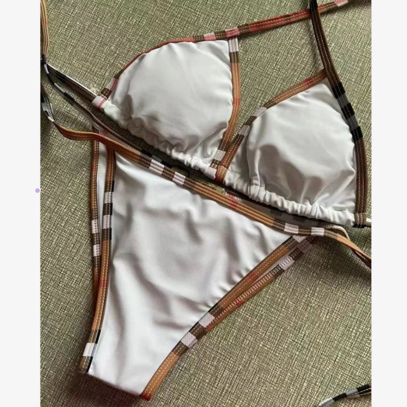 Women's Sexy Solid Color Bikini Adjustable Lace-Up Swimsuit Summer Brazilian Beach Swimsuit Triangle Halterneck Bikini Set 3Photo color