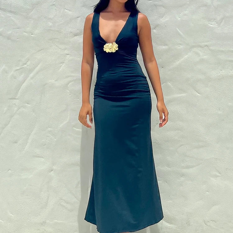 Elegant Deep V Neck Front Gold Clasp Sexy Maxi Dress For Women Black Gown Sleeveless Slim Fit Long Tank Dress Elegant