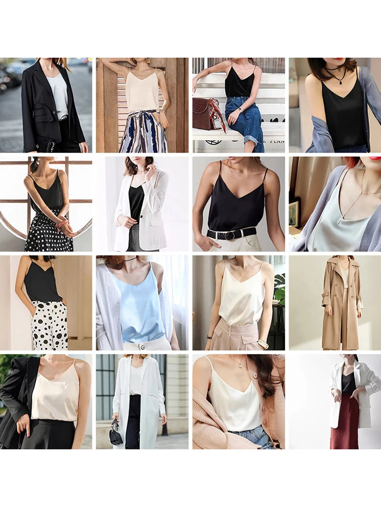 Spaghetti Strap Top Women Halter V Neck Basic White Cami Sleeveless Satin Silk Tank Tops Women'S Summer Camisole