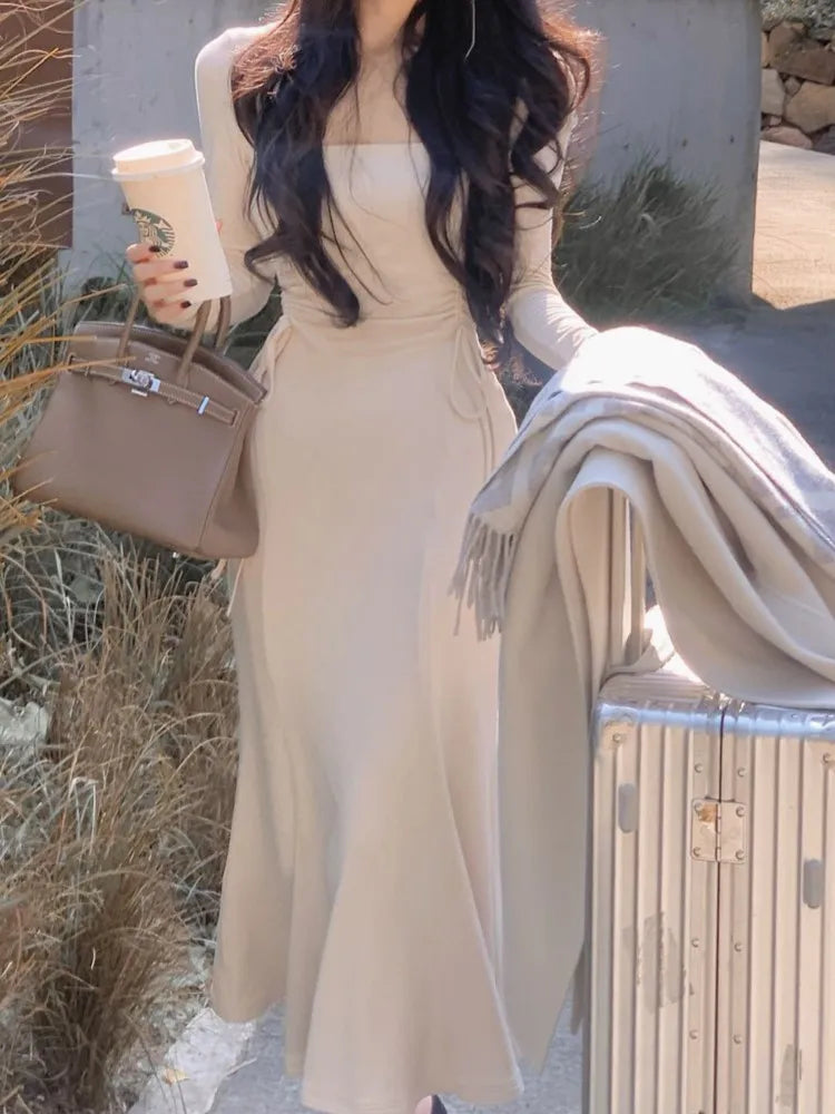 Fashion Women Midi Bodycon Dress Autumn New Drawstring Casual Slim Elegant Party Vestidos Female Chic Prom Birthday Long Robe