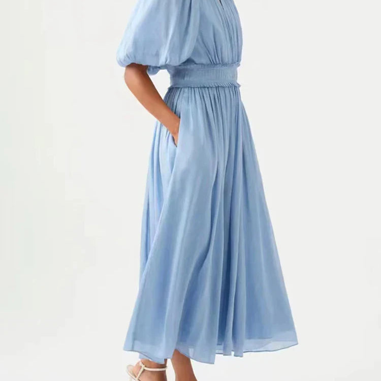 VGH Tie Dye Slim Dress Female Stand Collar Puff Half Sleeve High Waist Spliced Ruffles A Line Long Dresses Female Summer Clothes