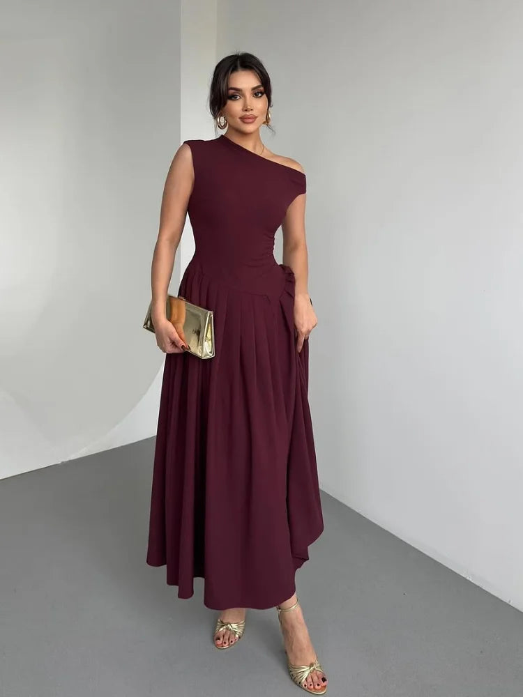 Chic Off Shoulder Irregular Neck Women's Dress Elegant High Waist A-line Hem Pleated Midi Dresses New Summer Lady Commuting Robe