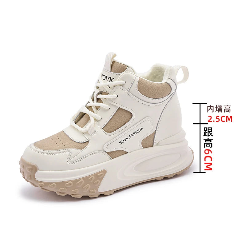 Fujin 8.5cm Cow Genuine Leather Thick Soled Spring Platform Wedge Chunky Sneakers Women Autumn Fashion Hidden Heels Ladies Shoes khaki