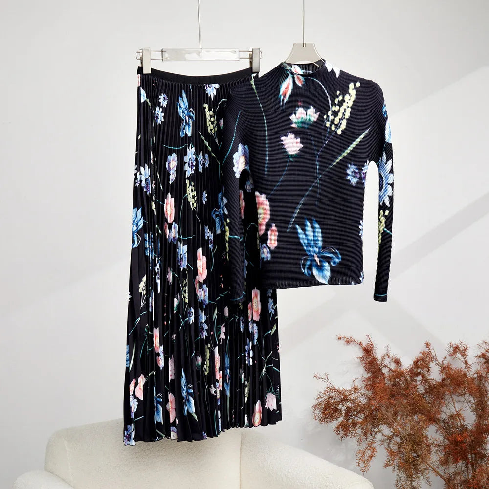 Spring Autumn Runway 2 Pieces Sets Women's Turtleneck Flower Print Stretch Pullover Top+Long Pleated Skirt Suit Female Outfits