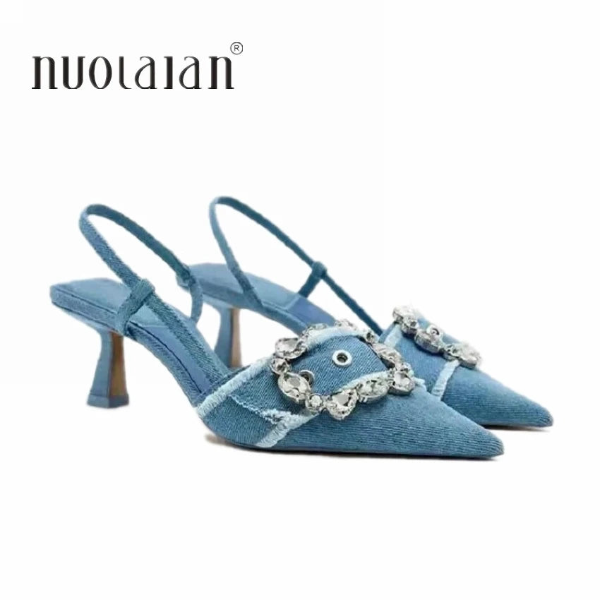 Denim Rhinestone Glitter Women Pumps Wedding Bride Slingback Pointed Toe High Heels Elegant Ladies Shoes KZ-Z