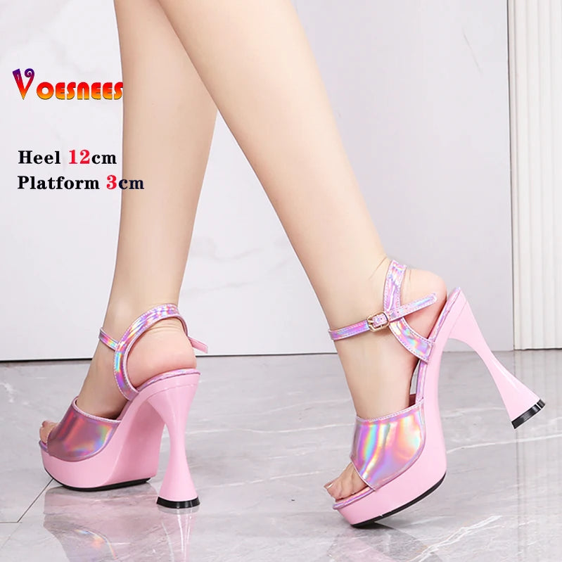Laser 12CM Women Sandals Peep Toe Platform Shiny Colors Block Heels Pumps Summer Thick High Heel Shoes Woman Outdoor Slides