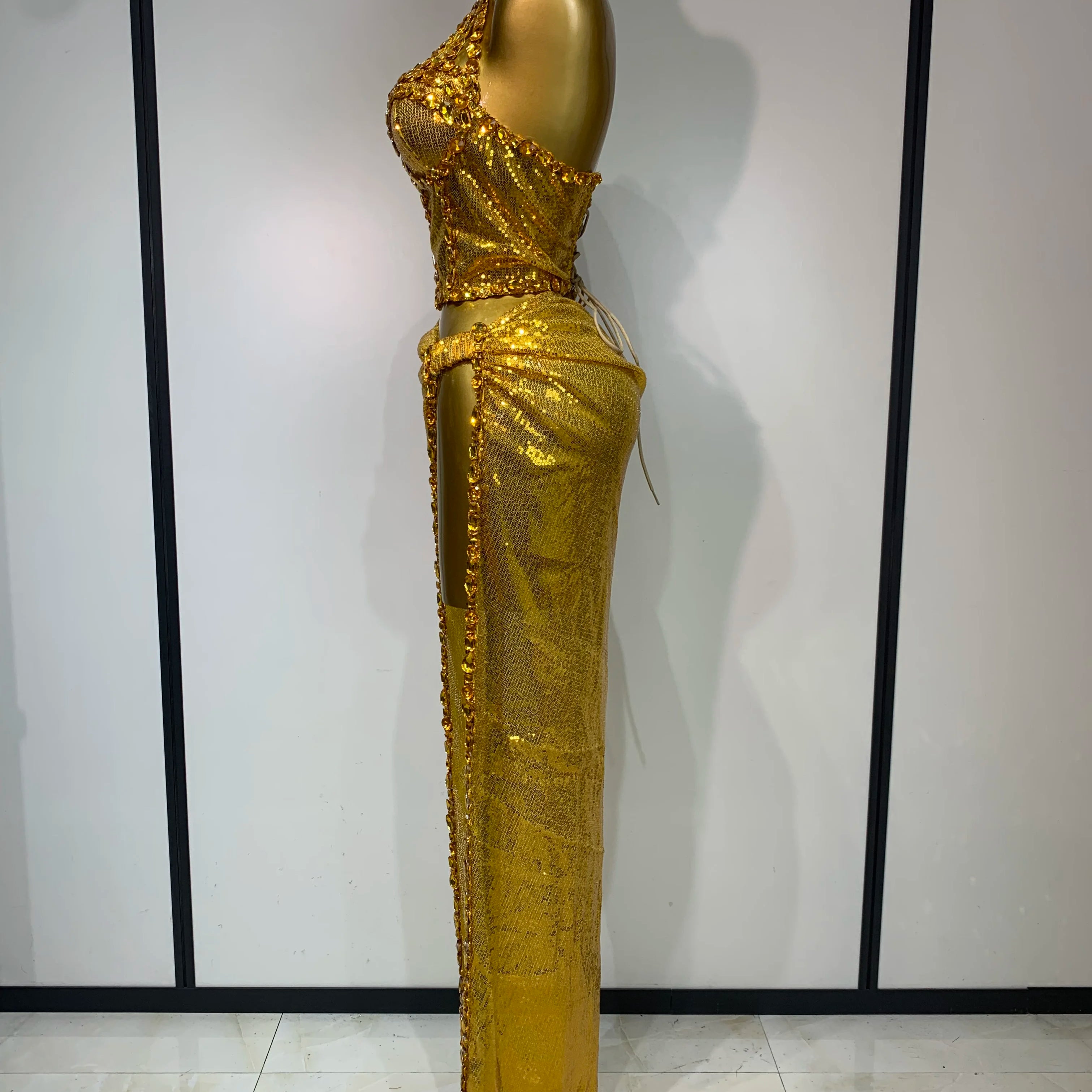 Ensemble deux pièces pour femme, haut et jupe longue à strass dorés scintillants, costume de danseuse, de chanteuse, de discothèque, robe d'anniversaire de luxe