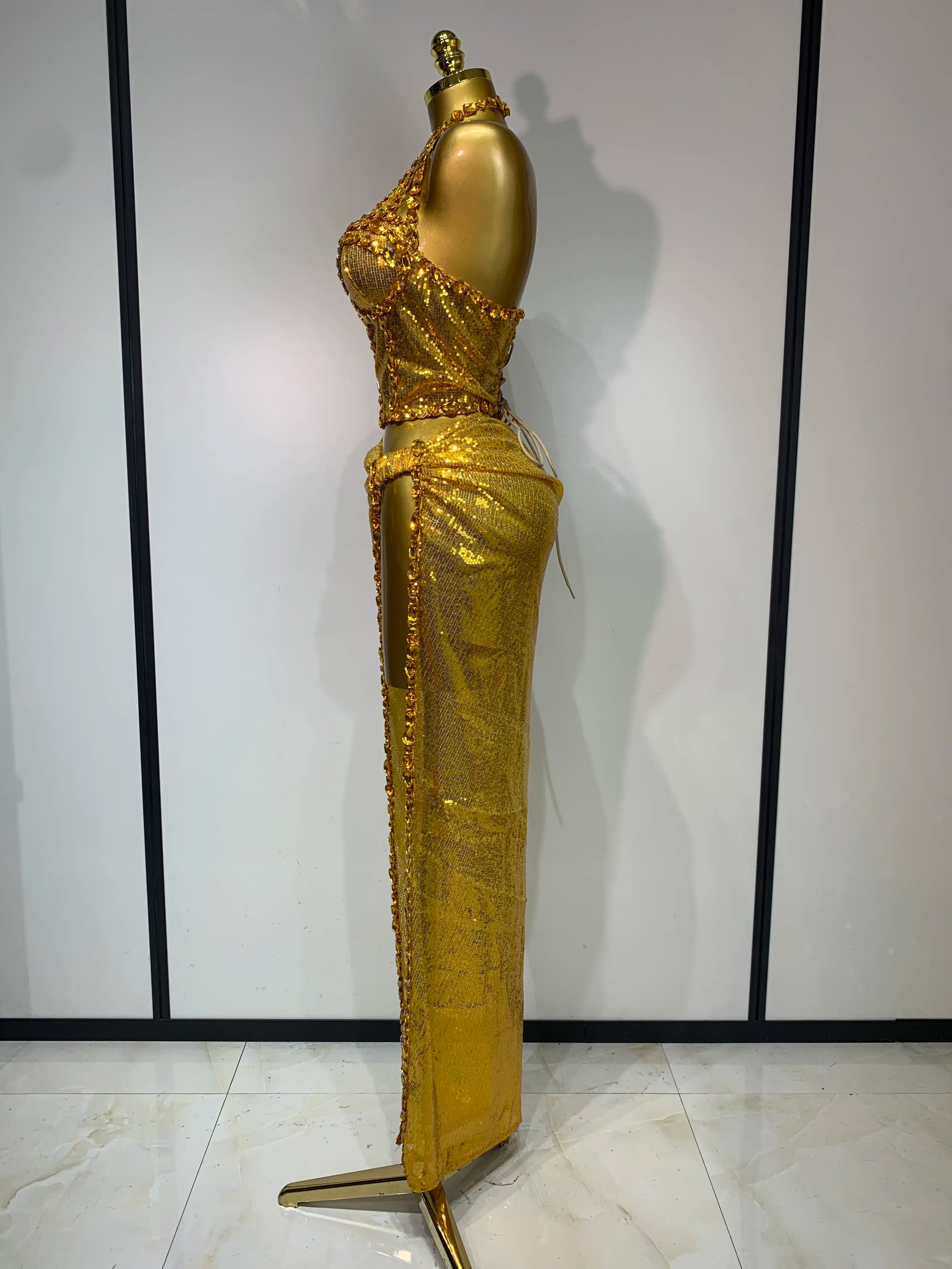 Ensemble deux pièces pour femme, haut et jupe longue à strass dorés scintillants, costume de danseuse, de chanteuse, de discothèque, robe d'anniversaire de luxe