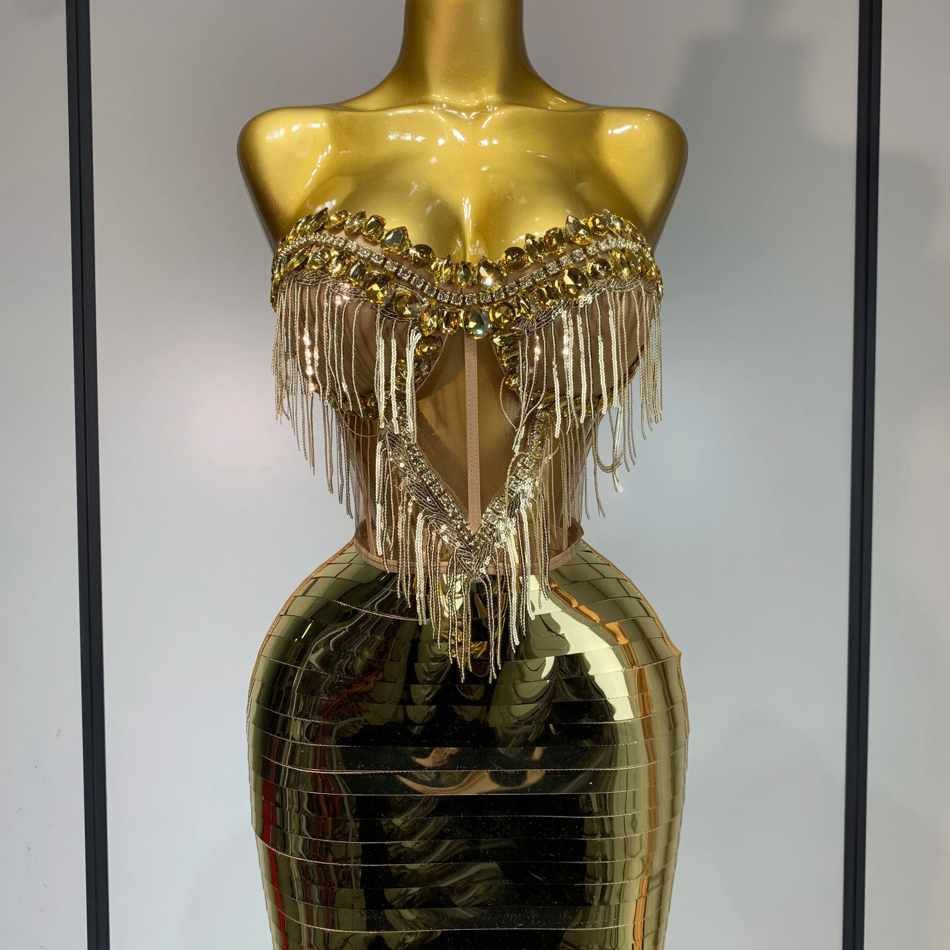 Sparkly Sliver Rhinstones tassels Top Skirt Two Piece Set Women Sexy Strapless Nightclub Birthday Evening Party Stage Outfit