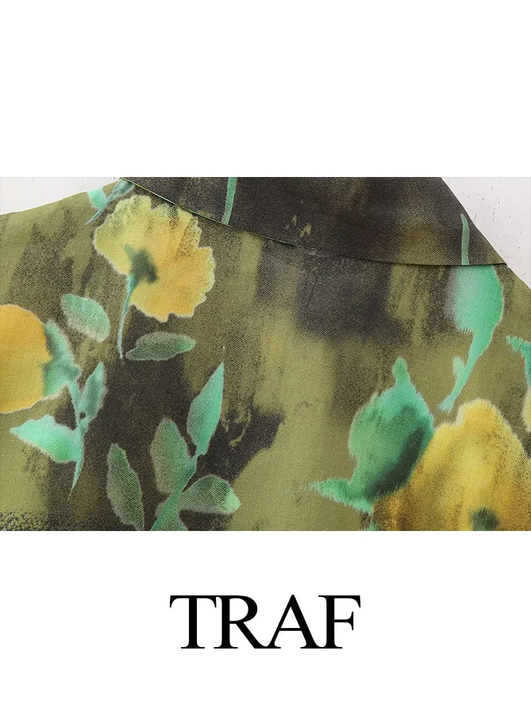 TRAF Summer Vintage Y2K Short Sleeve Green Floral Print Woman Zipper Shirt Set High Waisted A Line Pleated Skirt Suits