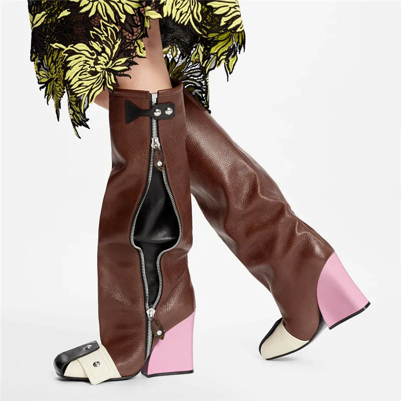 Brand Women's Boots Autumn and Winter Fashion Color Contrast Rivet Side Zipper High Heel Fashion Stage Show Party Boots