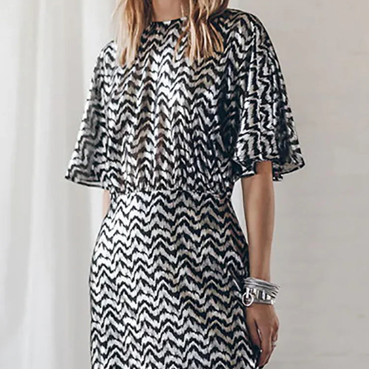Round Neck Backless Hollow Out Women Dress Summer Casual Femme Half Sleeve Print Dress Streetwear Loose Mini Black Dress Vestido