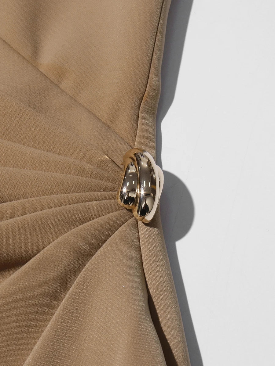 TWOTWINSTYLE Solid Slimming Spliced Folds Irregular Dresses for Women V Neck Long Sleeves Temperament Dress Female Fashion New